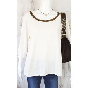 NWT Coldwater Creek Sequin Neckline 3/4 Sleeve Shirt 3X 24W‎ Ivory Top New Gift